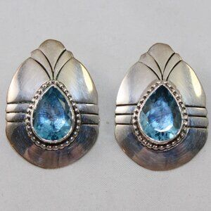 Sterling Silver Pear Cut Blue Topaz Large Pierced Earrings Sweetheart Wife Gift